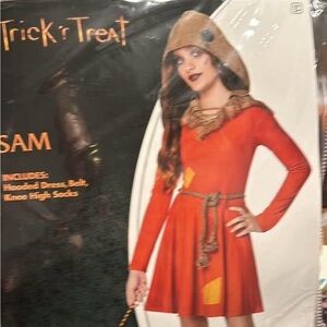 Orange Hooded “Sam” Dress Costume with Belt and Socks.  Child’s XL